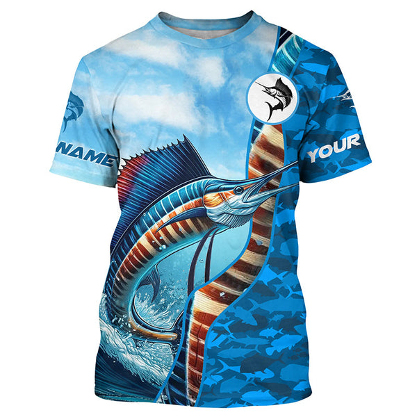 Maxcorners Marlin saltwater fishing Custom sea blue camo UV Protection Fishing shirts, sailfish fishing Jerseys LM2408