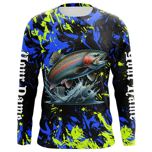 Maxcorners Rainbow trout fishing green blue camo Custom UV protection performance long sleeve fishing jerseys MT2108