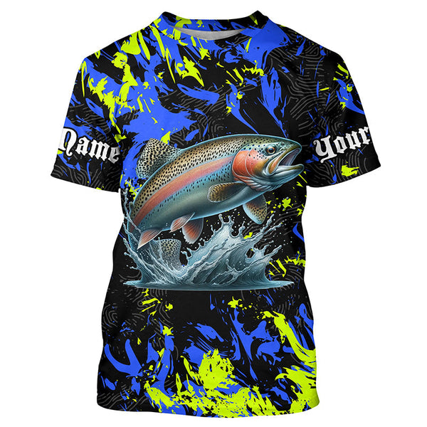 Maxcorners Rainbow trout fishing green blue camo Custom UV protection performance long sleeve fishing jerseys MT2108