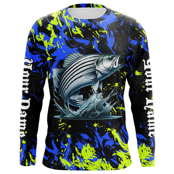 Maxcorners Striped bass fishing green blue camo Custom UV protection performance long sleeve fishing jerseys MT2108