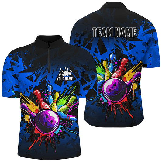 Maxcorners Colorful bowling jerseys Polo, 1/4 Zip Shirt for Men Custom Bowling Team shirts for bowler | Blue