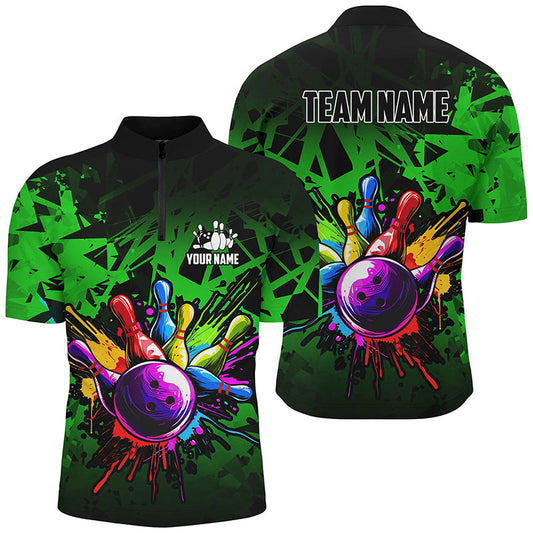 Maxcorners Colorful bowling jerseys Polo, 1/4 Zip Shirt for Men Custom Bowling Team shirts for bowler | Green