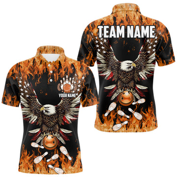 Maxcorners Orange flame Mens bowling shirts Custom American flag Eagle Team bowling shirts, gift for bowlers