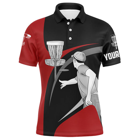 Maxcorners Red and black disc golfer custom name Men disc golf polo shirts, personalized disc golf gifts for men MT0510