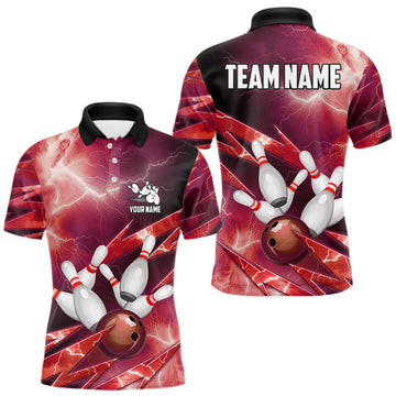Maxcorners Red Storm Lightning Thunder Bowling Polo, Quarter Zip Shirt For Men Custom Bowling Team Jersey LM0503