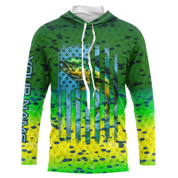 Maxcorners Mahi Mahi ( Dorado) Fishing American Flag Green Mahi Mahi Scales Customized Long Sleeve Fishing Shirts