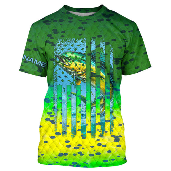 Maxcorners Mahi Mahi ( Dorado) Fishing American Flag Green Mahi Mahi Scales Customized Long Sleeve Fishing Shirts