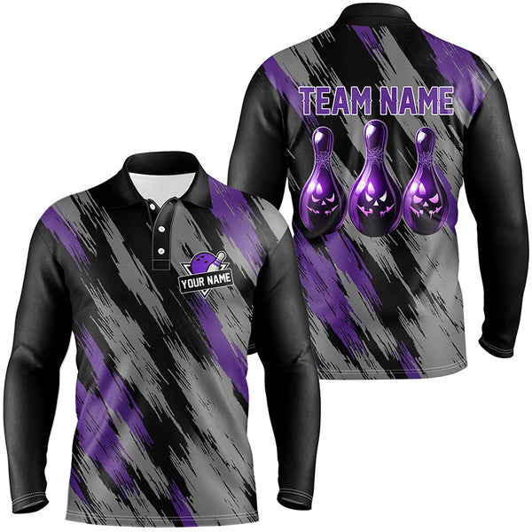 Maxcorners Bowling Ball And Pins Black And Purple Camo Halloween Customized Name, Team Name 3D Polo Shirt