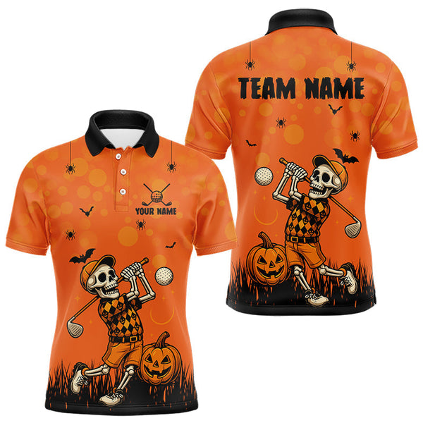 Maxcorners Custom Funny orange Golf skull Halloween Mens golf polo shirt, Personalized Halloween golf outfit MT0708