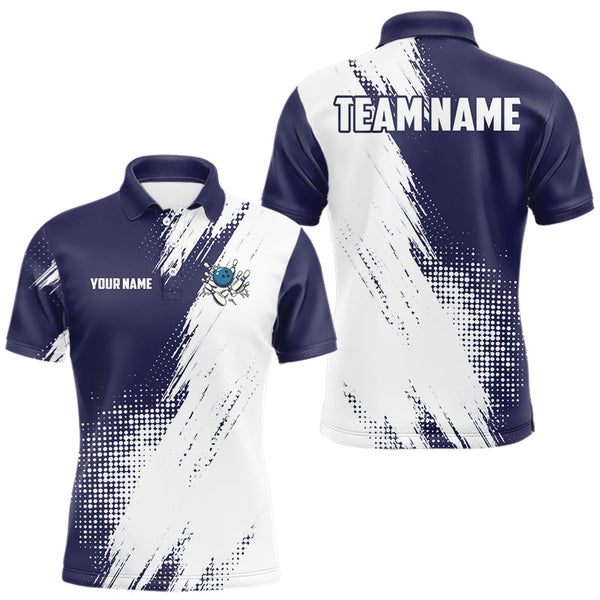 Maxcorners Custom Blue and White Strike Bowling Shirts Men Polo, Quarter Zip Bowling Team Jerseys Bowling League LM0910