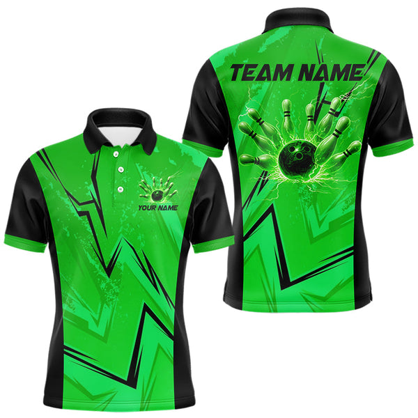 Maxcorners Personalized Green Lightning Thunder Bowling Polo, Quarter Zip Shirts For Men, Team Bowling Jersey LM0910
