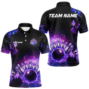 Maxcorners Purple Flame galaxy argyle Custom bowling polo shirts, 1/4 zip for men, team bowling league jerseys