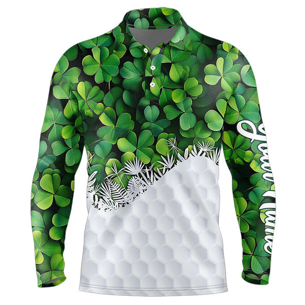 Maxcorners Mens Golf Polo Shirts Custom Green Clover Golf Pattern White St Patrick Day Golf Attire For Mens