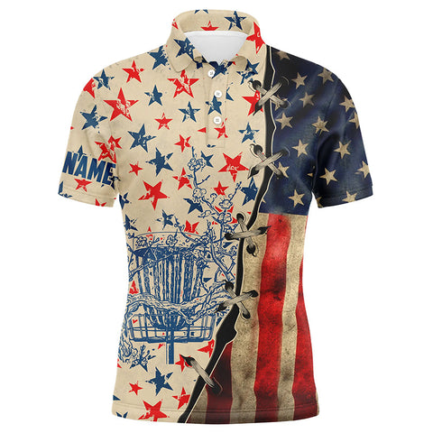 Maxcorners Vintage American flag disc golf basket Mens disc golf polo shirt, personalized disc golf shirts MT0510
