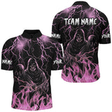 Maxcorners Bowling Ball And Pins Pink Lightning Thunder Skull Flame Customized Name, Team Name 3D Polo Shirt Unisex