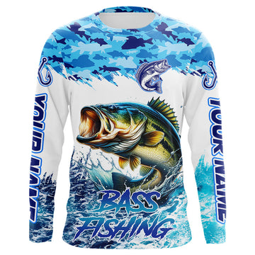 Maxcorners Bass fishing Blue ocean camo Custom UV protection fishing long sleeve shirt, Bass Fishing jerseys LM0201