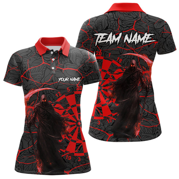 Maxcorners Men Darts Polo, Quarter Zip Shirts Custom Black And Red Reaper Skull Darts Team Jerseys, Darts Gifts