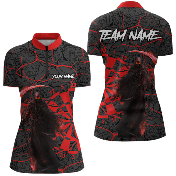 Maxcorners Men Darts Polo, Quarter Zip Shirts Custom Black And Red Reaper Skull Darts Team Jerseys, Darts Gifts
