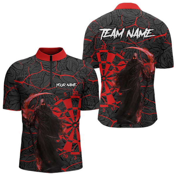 Maxcorners Men Darts Polo, Quarter Zip Shirts Custom Black And Red Reaper Skull Darts Team Jerseys, Darts Gifts