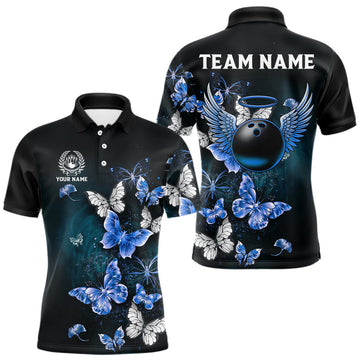 Maxcorners Custom Blue Butterfly Bowling Polo Shirt, 1/4 zip jersey For Men, Bowling Team Shirt With Butterflies