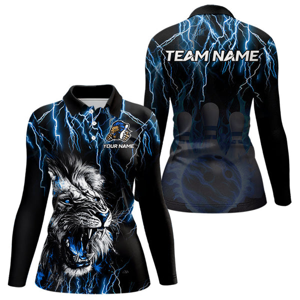 Maxcorners Black and Blue Lightning Thunder Lion Bowling Shirt For Men Custom Lion Bowling Team Jerseys