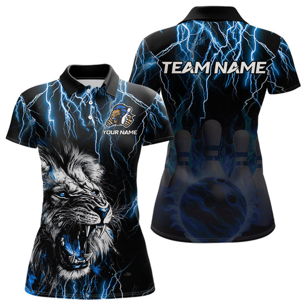 Maxcorners Black and Blue Lightning Thunder Lion Bowling Shirt For Men Custom Lion Bowling Team Jerseys