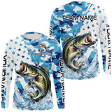 Maxcorners Blue Camo American Flag Bass Fishing Custom Long Sleeve Fishing Shirts Personalized Bass Fishing Gifts LM0607