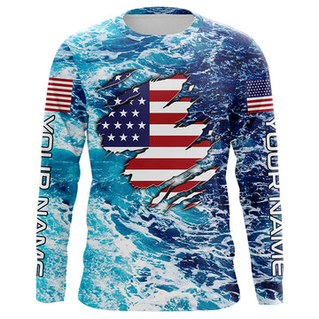 Maxcorners Blue sea wave ocean camo American flag patriot shirt Custom sun protection fishing long sleeve shirts LM0501