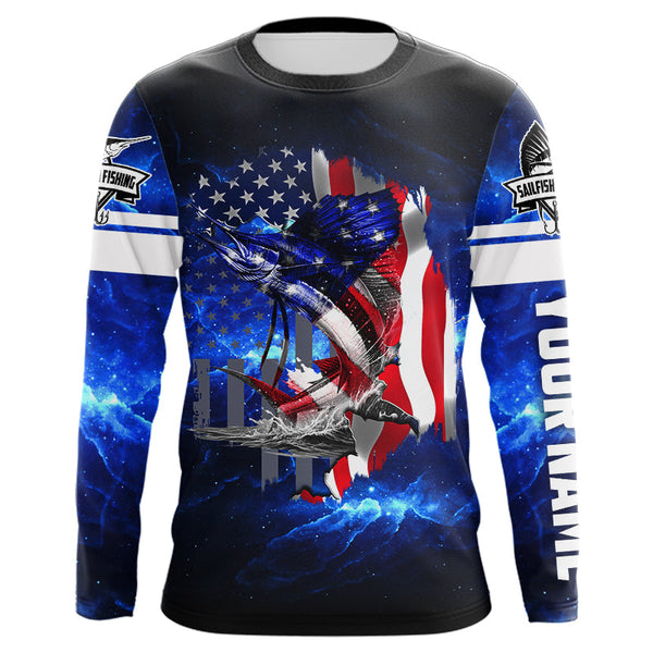Maxcorners Sailfish Fishing American Flag Patriot blue galaxy Custom Sailfish fishing shirts personalized gift  LM2408