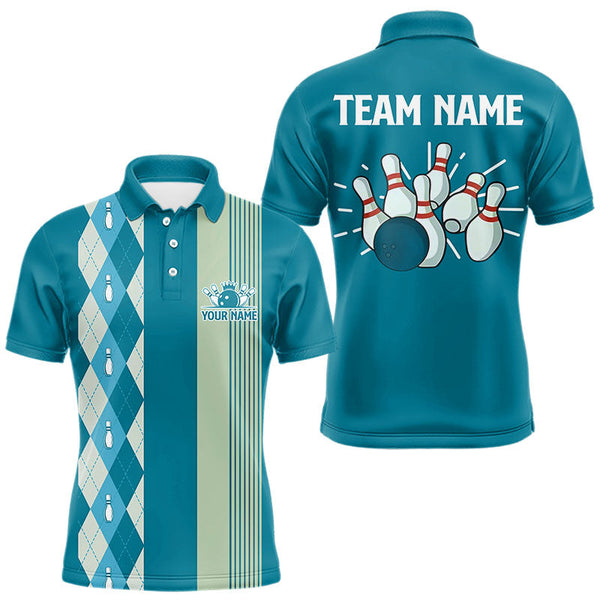 Maxcorners Retro Cyan Blue argyle pattern Bowling shirts For Men custom bowling team jerseys Bowler Outfits MT0708