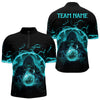 Maxcorners Mens bowling polo, 1/4 zip shirts Custom cyan blue flame skull bowling team jerseys, gift for Bowlers MT0609
