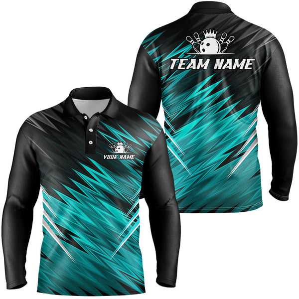 Maxcorners Cyan Blue and Black Bowling Shirts For Men Custom Name and Team name Bowling Jerseys Bowlers Outfit