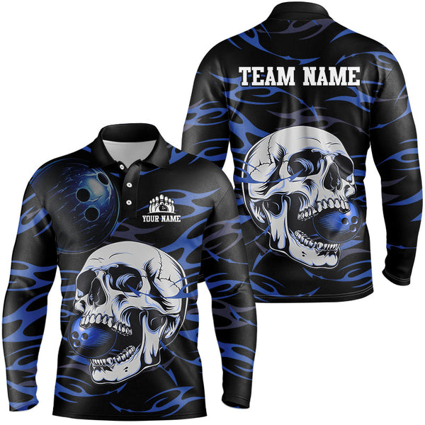 Maxcorners Black and Blue Skull Bowling Shirts For Men Custom Name and Team Name Bowling Jerseys Bowlers Outfit