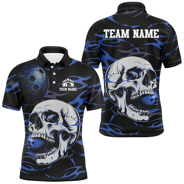 Maxcorners Black and Blue Skull Bowling Shirts For Men Custom Name and Team Name Bowling Jerseys Bowlers Outfit