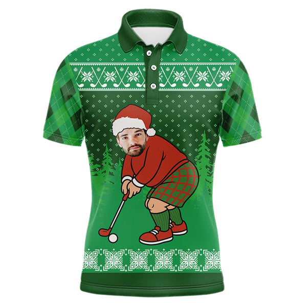 Maxcorners Personalized Funny Face Christmas Golf Green argyle Santa Golfer Ugly matching golf polos for couples LM0611