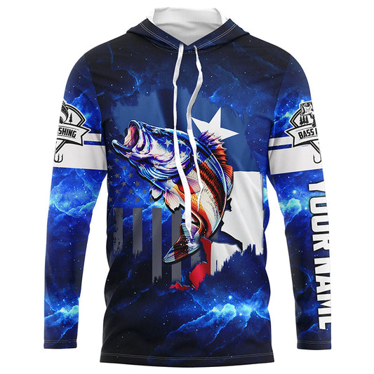 Maxcorners Texas Flag TX Bass Fishing US blue galaxy Customize Name long sleeves fishing shirt for men, women LM0201