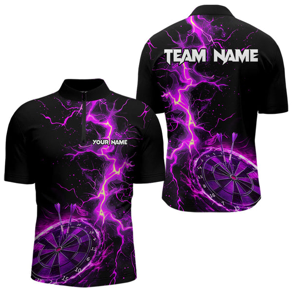 Maxcorners Men And Women Darts Polo, Quarter Zip Shirts Custom Black And Purple Lightning Thunder Darts Team Jerseys