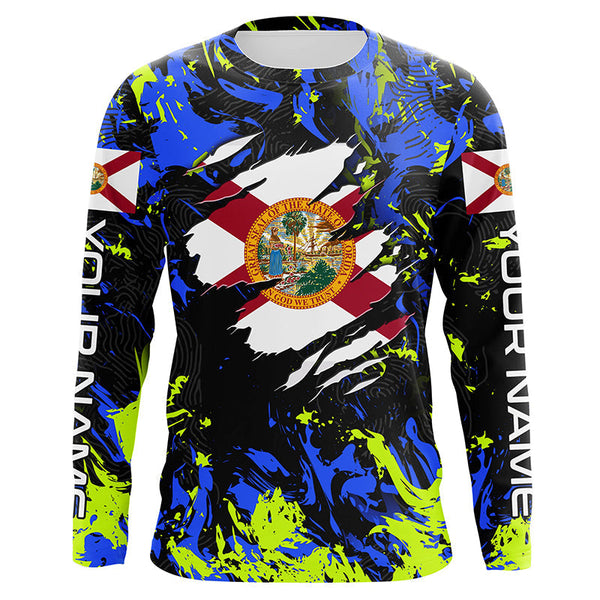 Maxcorners Blue green camo Florida flag patriot shirt Custom sun protection fishing long sleeve shirts MT2108