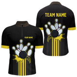 Maxcorners Black And Yellow Bowling Polo, Quarter Zip Shirt For Men Custom Team Mens Bowling Jersey