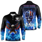 Maxcorners Blue Flame Smoke American Flag Eagle Skull Mens Bowling Shirts Custom Patriotic Bowling Team Jersey