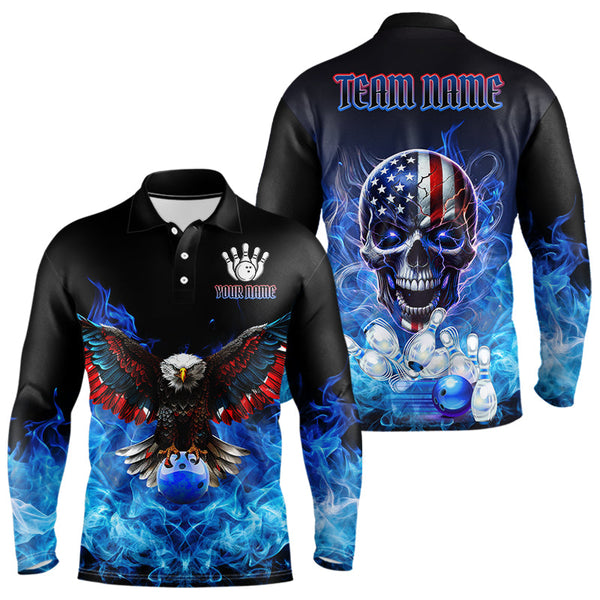 Maxcorners Blue Flame Smoke American Flag Eagle Skull Mens Bowling Shirts Custom Patriotic Bowling Team Jersey