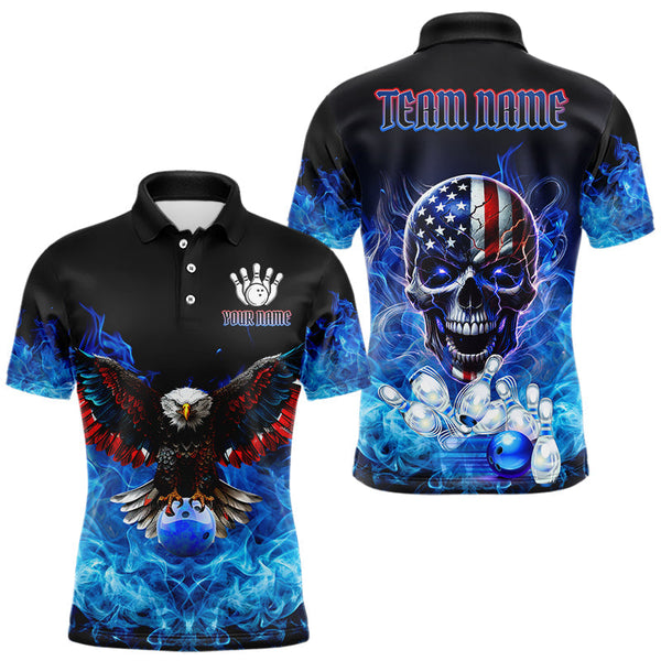 Maxcorners Blue Flame Smoke American Flag Eagle Skull Mens Bowling Shirts Custom Patriotic Bowling Team Jersey