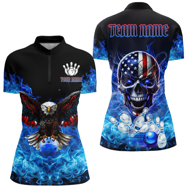 Maxcorners Blue Flame Smoke American Flag Eagle Skull Mens Bowling Shirts Custom Patriotic Bowling Team Jersey