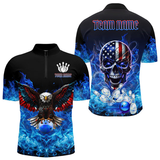 Maxcorners Blue Flame Smoke American Flag Eagle Skull Mens Bowling Shirts Custom Patriotic Bowling Team Jersey