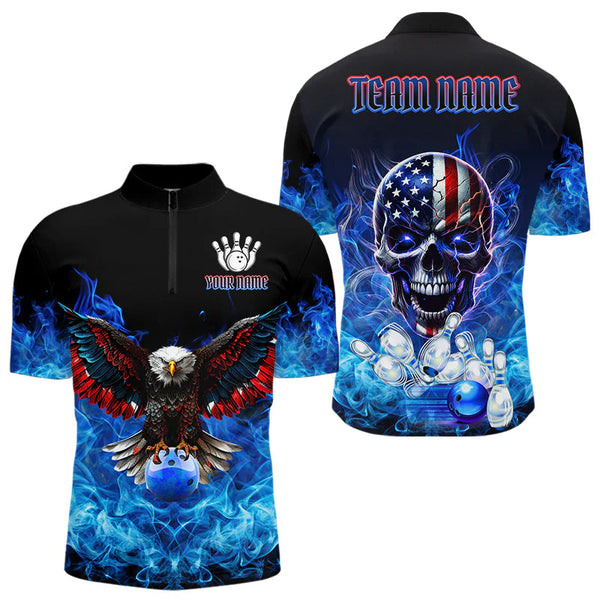 Maxcorners Blue Flame Smoke American Flag Eagle Skull Mens Bowling Shirts Custom Patriotic Bowling Team Jersey