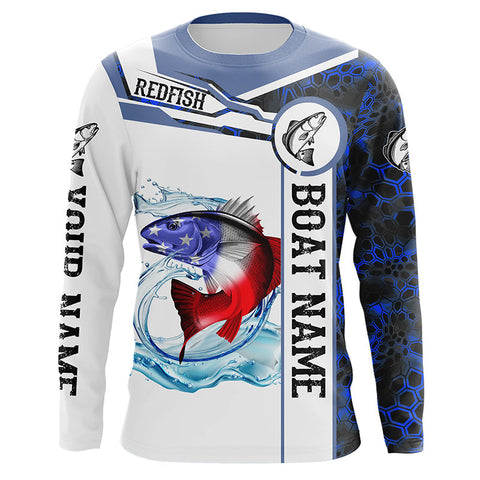 MaxCorners Redfish Fishing Blue Camo American Flag Customized Name 3D Long Sleeve Shirt