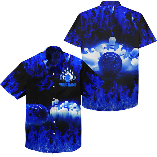 MaxCorners Bowling And Pins Blue Flame Customized Name, Team Name 3D Hawaiian Shirt