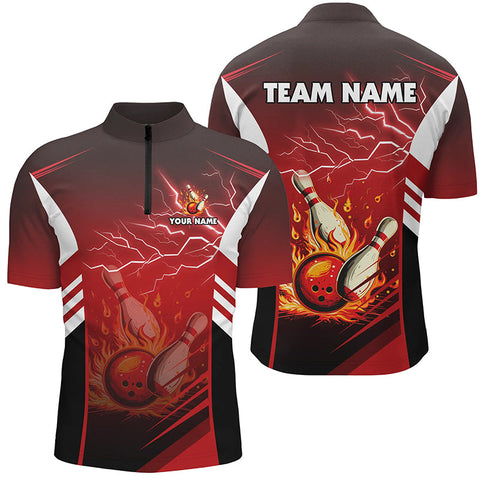 MaxCorners Bowling And Pins Ball And Pins Lightning Customized Name, Team Name 3D Stand Collar Zipper Polo Shirt For Men