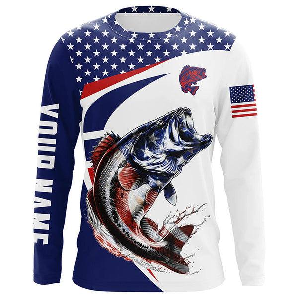 Maxcorners Red white and blue Largemouth Bass fishing American flag patriotic Custom UV protection Fishing Shirts LM2408