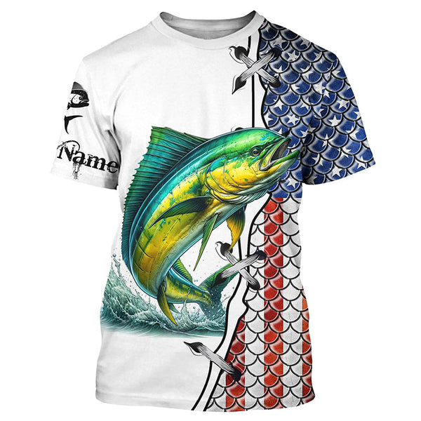 Maxcorners Mahi mahi fishing American flag patriotic 4th July Custom performance fishing shirts MT2108